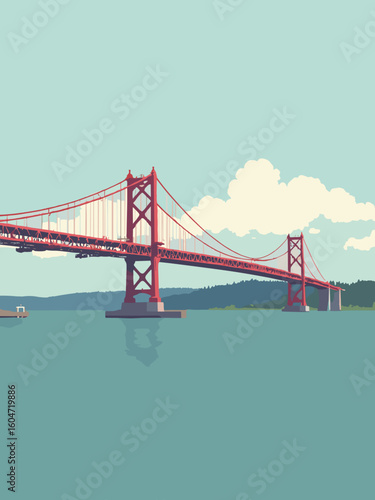 Tacoma, WA – Thea Foss Waterway, Tacoma Narrows Bridge in harbor teal, steel gray, bridge red, and cloud white
