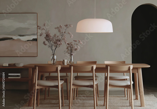 Dining room with a light wood table and elegant chairs, illuminated by a modern pendant. Minimalist decor with earthy tones and abstract art.