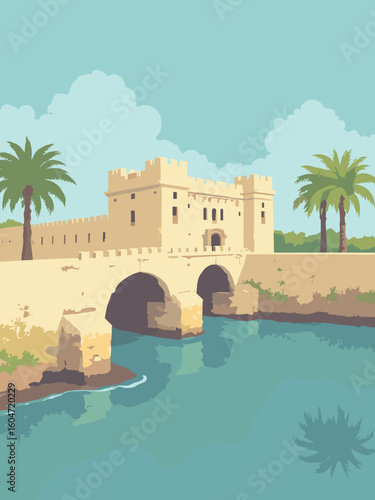 St. Augustine, FL – Castillo de San Marcos, Bridge of Lions in fort stone, lion yellow, sky blue, and palm green