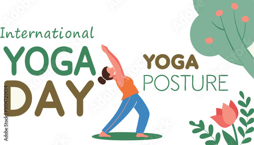 Happy Woman Practicing Yoga Outdoors:  International Yoga Day Posture,  Calm and Serene Illustration.
