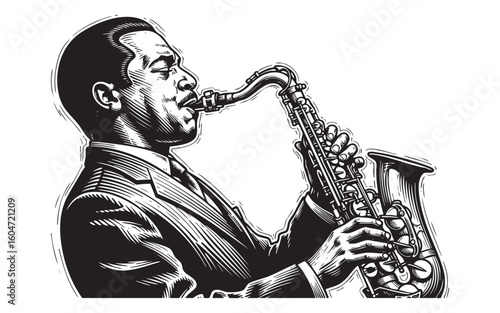 saxophonist player abstract sketch brush with splatter musician abstract sketch engraving vector illustration