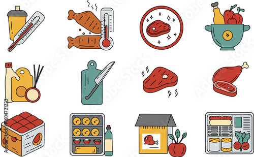 Pixel Art Food Icons Featuring Meat, Poultry, and Produce