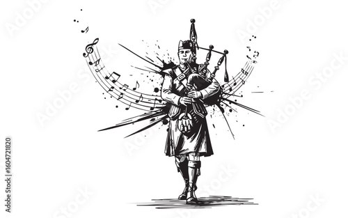 Scottish Piper player engraving vector woodcut illustration