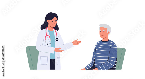 Doctor in lab coat with stethoscope consulting with senior patient in striped shirt.