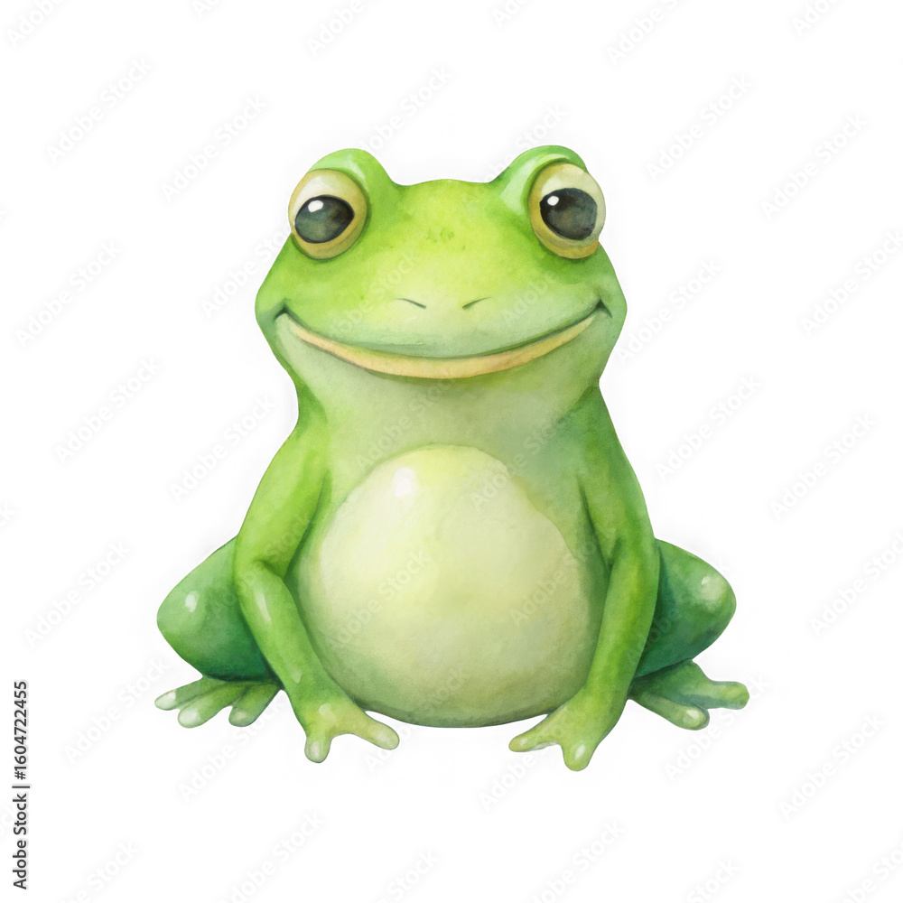 Obraz premium Charming watercolor green frog smiling happily isolated on transparent background