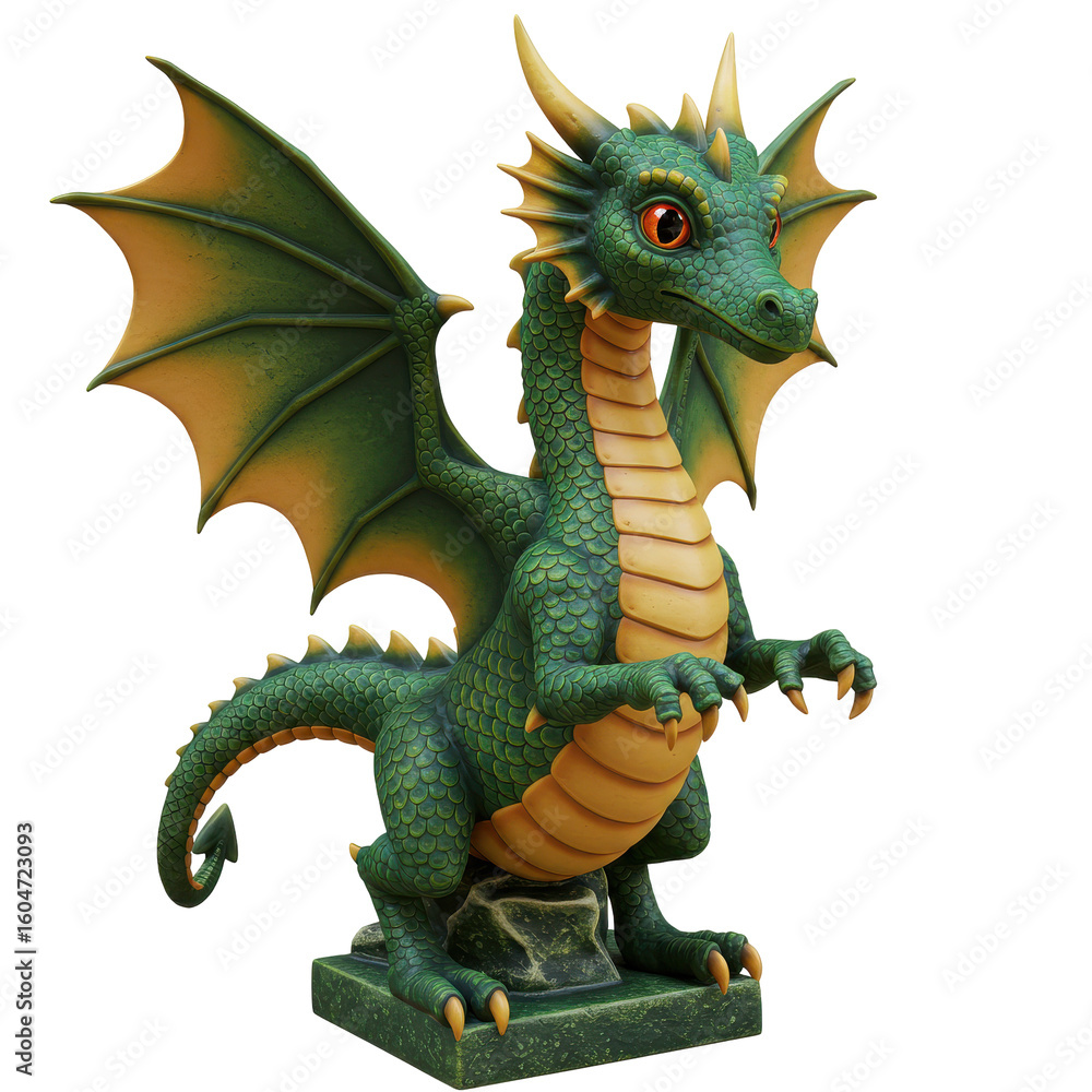 Obraz premium A vibrant green dragon statue with intricate scales and wings, showcased on a pedestal in a fantasy setting