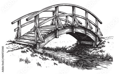 Arched Wooden Bridge over Small Stream with Grass engraving vector illustration
