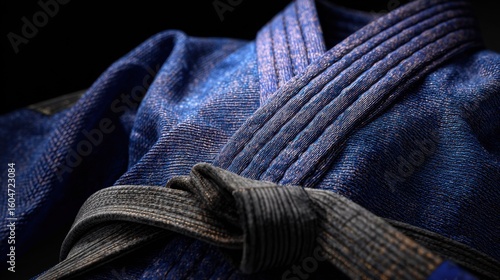 Close-up of gi fabric and black belt knot for jiu jitsu practice