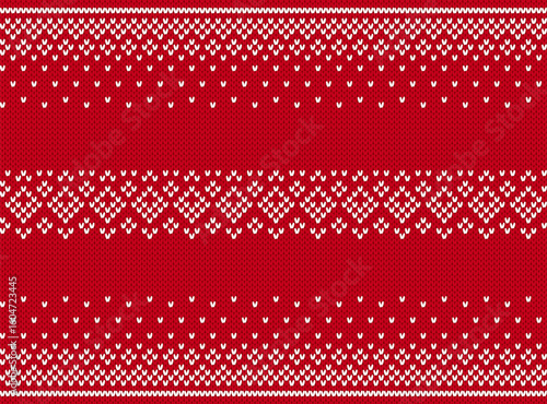 Knitted sweater print. Christmas red seamless pattern. Holiday knit background with trees ornament. Xmas geometric border. Fair isle traditional texture. Vector.