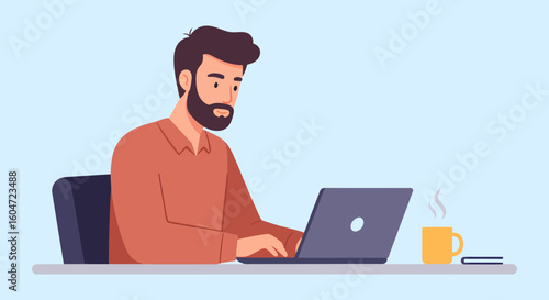 Man with beard working on laptop with coffee mug and book on desk.