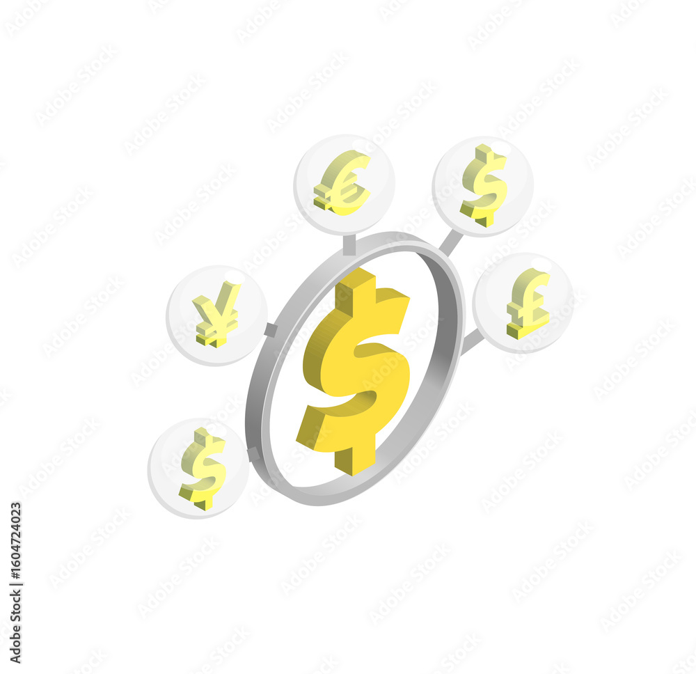 Isometric Illustration of Global Currency Exchange, Dollar Central, Modern Design, Yellow and Gray Palette Isometric Illustration of Global Currency Exchange, Dollar Central, Modern Design, Yellow and Gray Palette