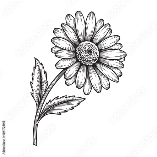 Daisy Flower Blossom with Stem engraving vector illustration