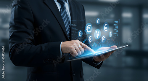 Wallpaper Mural Businessman using tablet with currency symbols representing global financial trading markets Torontodigital.ca