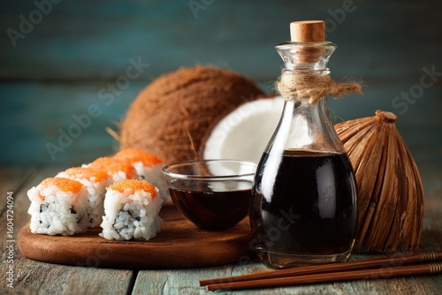 Sushi rolls, coconut, soy sauce on rustic wood