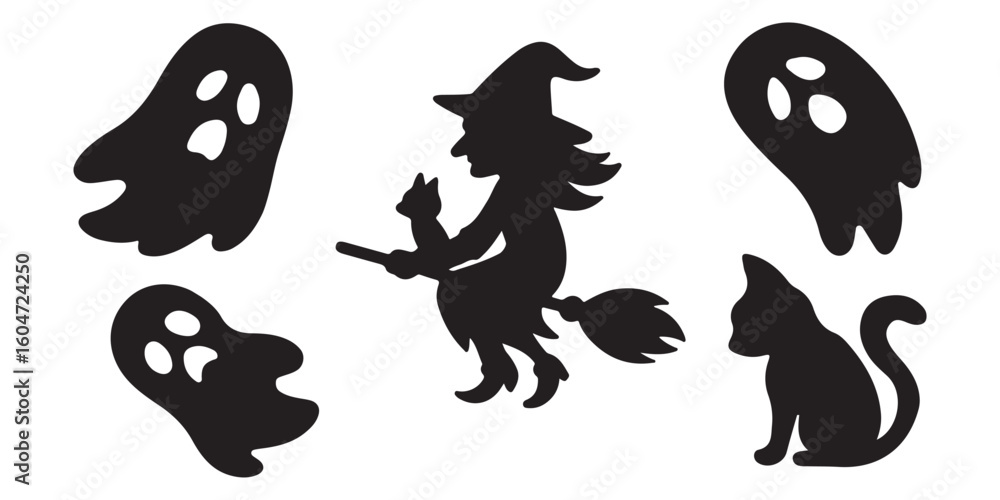 Fototapeta premium Halloween black silhouettes witch bat ghost pumpkin cat spider cauldron
