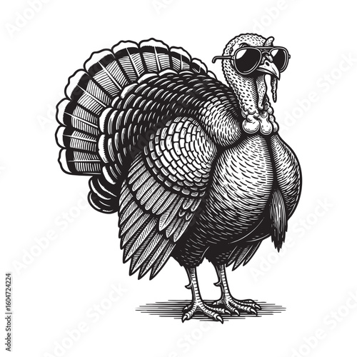 cool turkey wearing sunglasses engraving vector illustration