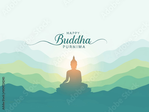 Vector Illustration of Buddha Silhouette with Mountain Range and Text Happy Buddha Purnima in a Serene Gradient Style