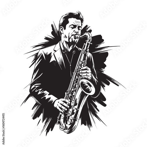 free handing drawing of a jazz saxophonist abstract sketch brush  abstract sketch engraving vector illustration