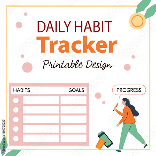 Illustration of a daily habit tracker printable design with a woman tracking her progress and goals list