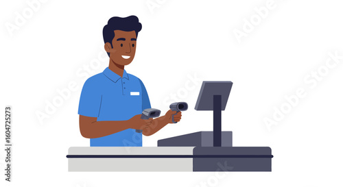Smiling cashier with two barcode scanners at a point of sale system.