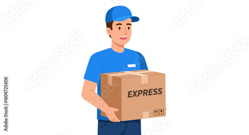 Smiling delivery man in blue uniform holding an express package.