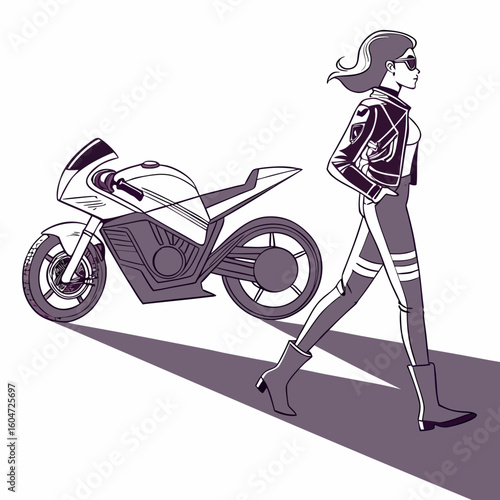 Stylish Beauty Girl in Trendy Fashion Posing Confidently with Superbike