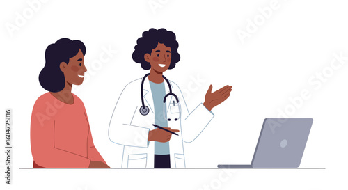 Smiling doctor explaining diagnosis to patient with laptop in consultation.