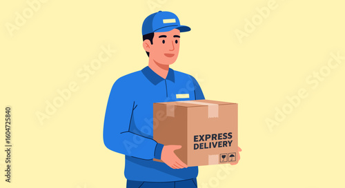 Smiling delivery man in blue uniform holding an express delivery package.