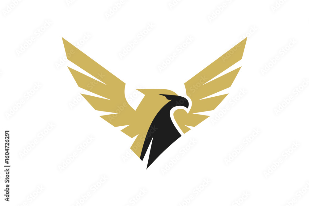 Obraz premium Black and white vector illustration of a flying bird silhouette, a symbolic design of an eagle or falcon with prominent wings, perfect for an icon or tattoo