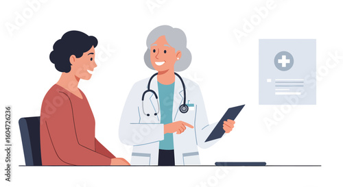 Smiling doctor with stethoscope explains medical report to a patient in consultation.
