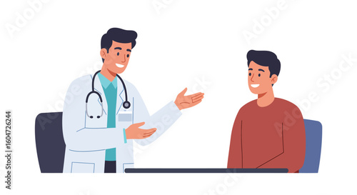 Smiling doctor in lab coat explaining diagnosis to patient at desk.