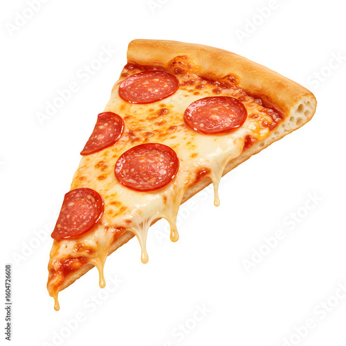 Realistic delicious slice of pepperoni pizza flying isolated on white background, melted cheese and crispy crust, tasty food concept.