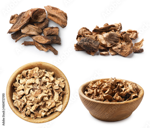 Chicory. Dry pieces of root isolated on white, set