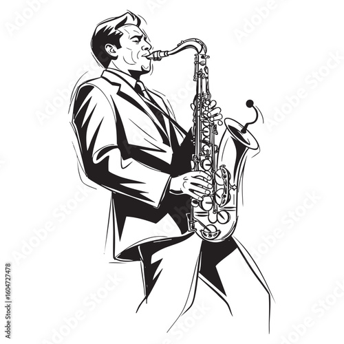 free handing drawing of a jazz saxophonist abstract sketch brush  abstract sketch engraving vector illustration