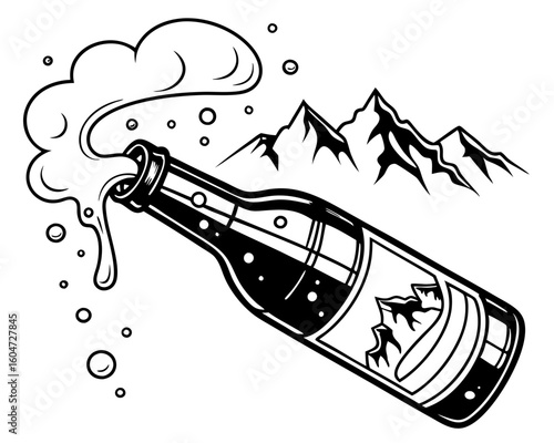 Beer bottle overflowing with mountain scene silhouette