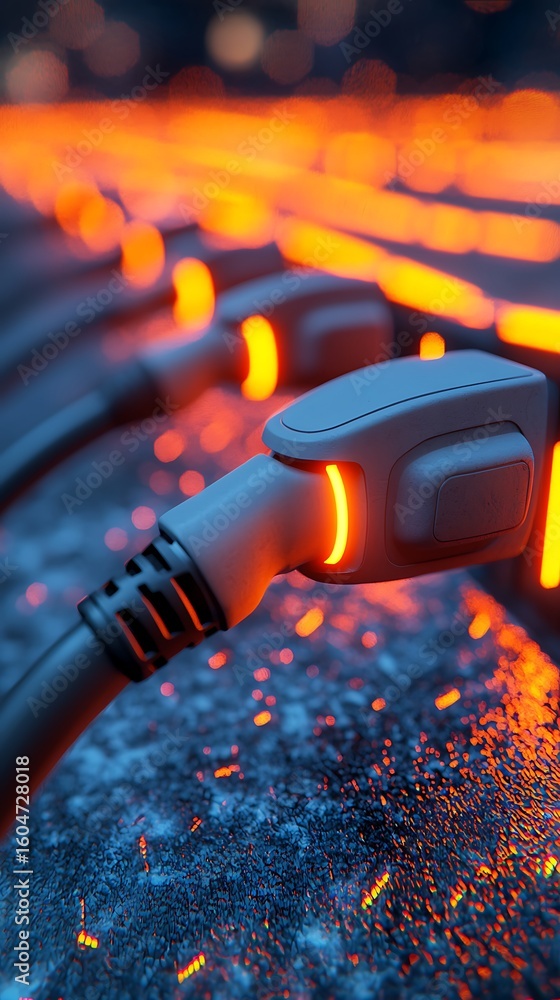 Naklejka premium Close-up of a glowing electric vehicle charging plug connected, with vibrant orange light streaks and futuristic ambiance.