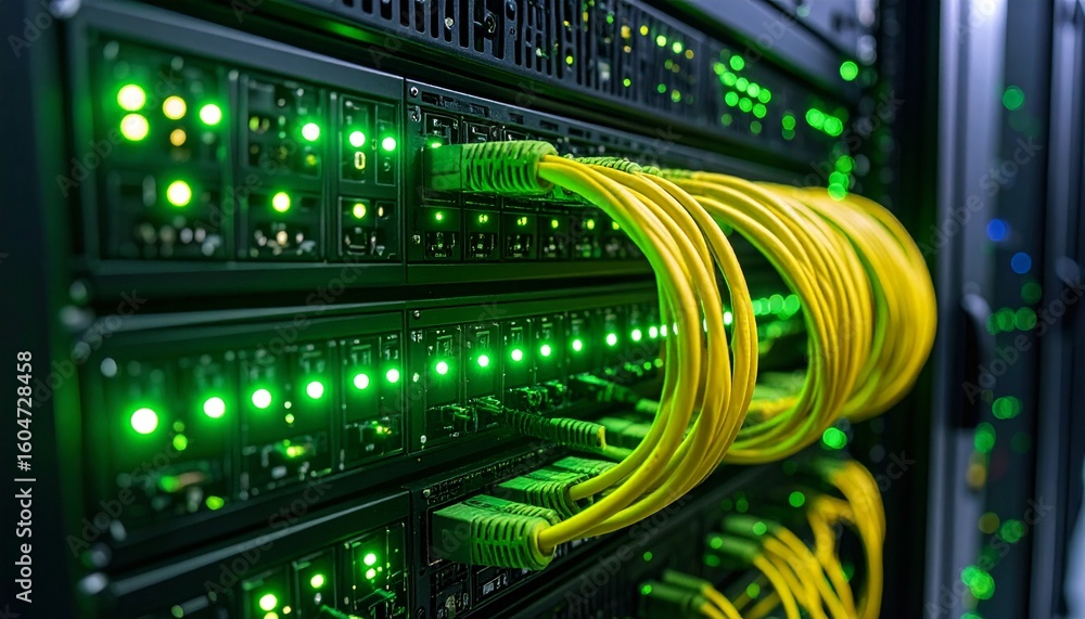 Naklejka premium Low-light photo of datacenter rack with network switch, green indicator lights, and organized yellow cables, calm and professional tech vibe.