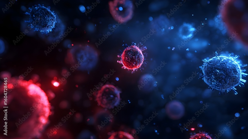 Naklejka premium Microscopic view of glowing virus cells and bacteria in blue and red on a dark scientific background. Concept : Microbiology, infection, disease research, scientific study, pathogens.