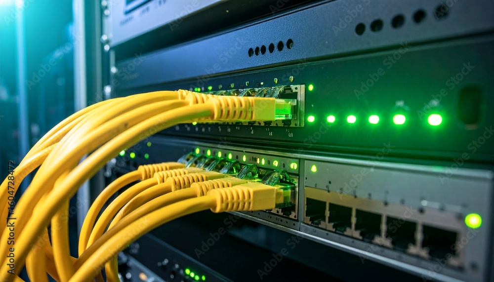 Naklejka premium Low-light photo of datacenter rack with network switch, green indicator lights, and organized yellow cables, calm and professional tech vibe.
