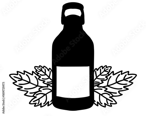 Dark beer bottle with hops silhouette