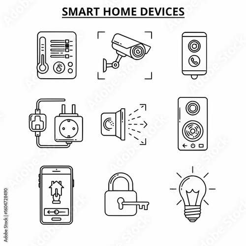Outline Icons Representing Various Smart Home Automation Devices