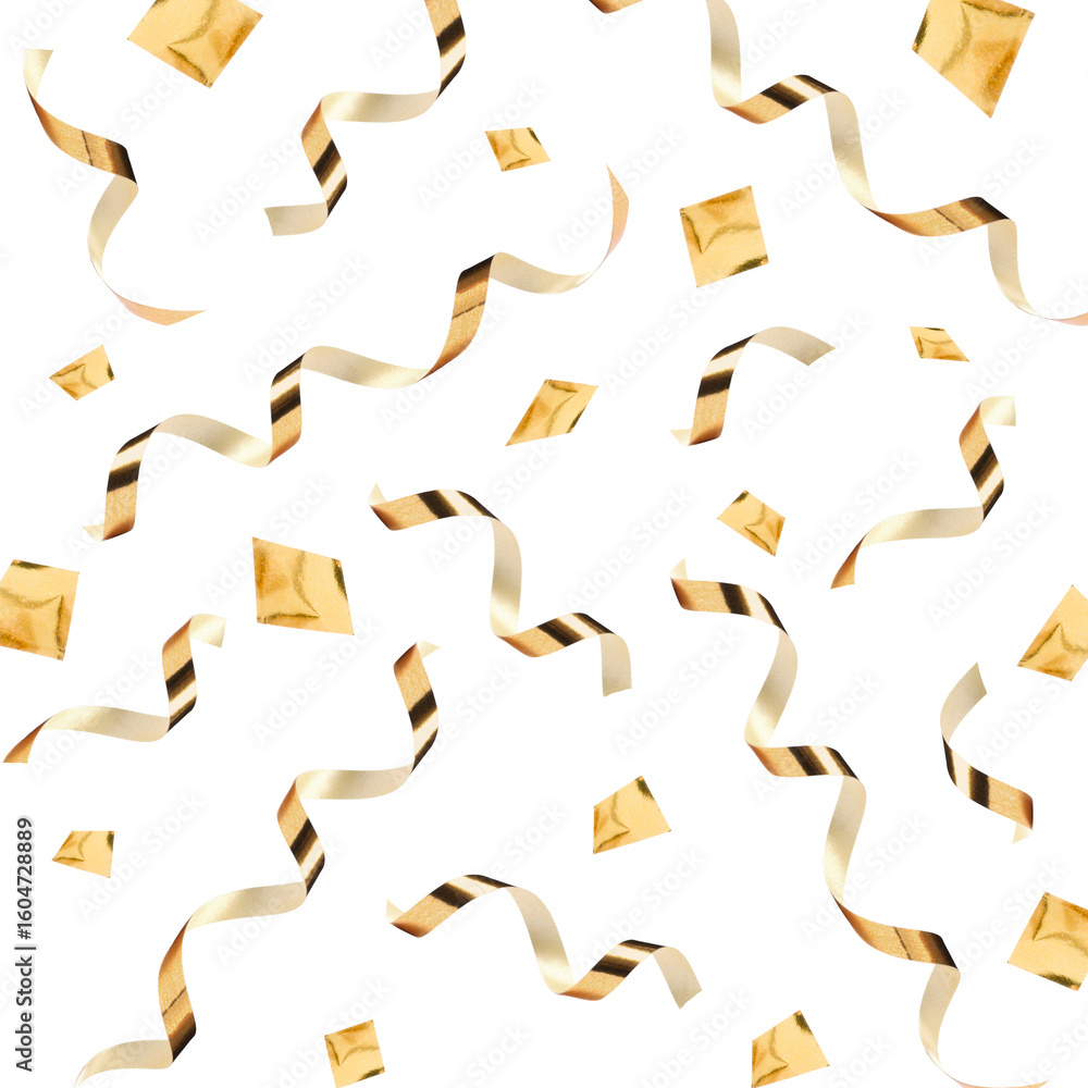 Golden serpentine streamers and confetti falling against white background Golden serpentine streamers and confetti falling against white background