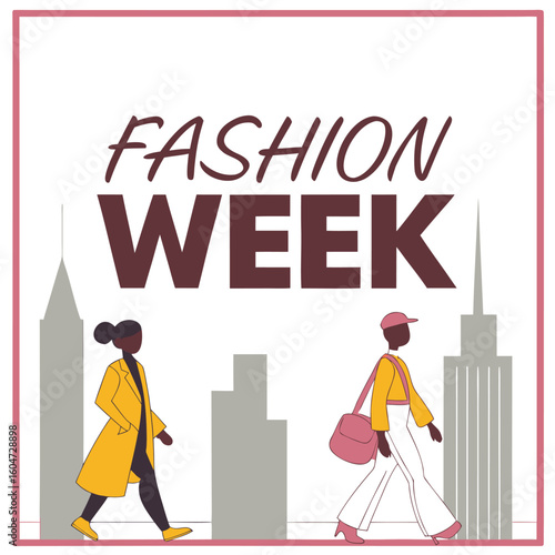 Fashion week illustration featuring two stylish women walking in front of city buildings and fashion week text
