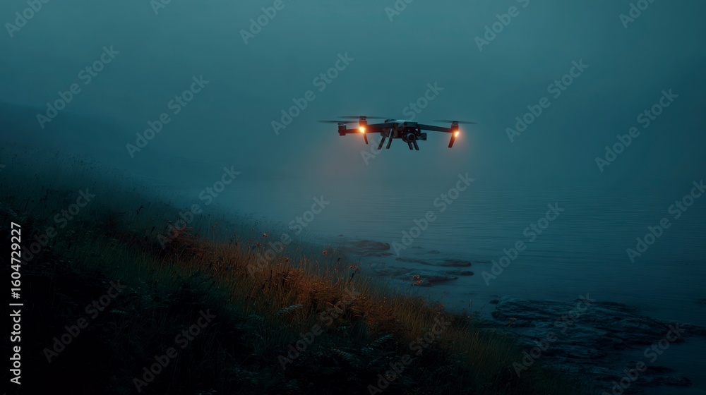 Fototapeta premium Solitary drone blinking slowly as it scans the silence, with nothing left to find