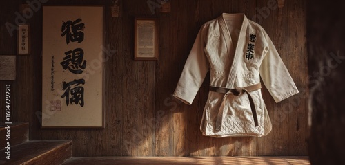 Old dojo with jiu-jitsu kimono hanging in silence