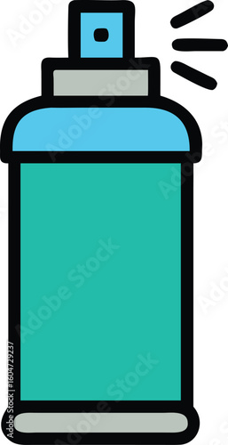 Teal spray can with blue nozzle and grey base aerosol