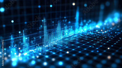 Abstract image of blue digital data streams flowing over a dark grid.