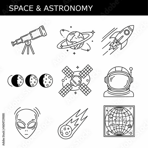 Space and Astronomy Icons Depicting Science Concepts and Celestial Exploration