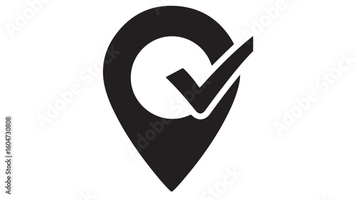 Pinpoint with checkmark, location done black and white vector illustration