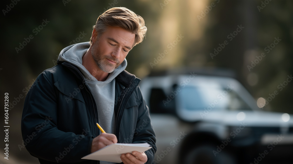Fototapeta premium Collision Adjuster Documenting Accident with Tow Truck and Claim Form